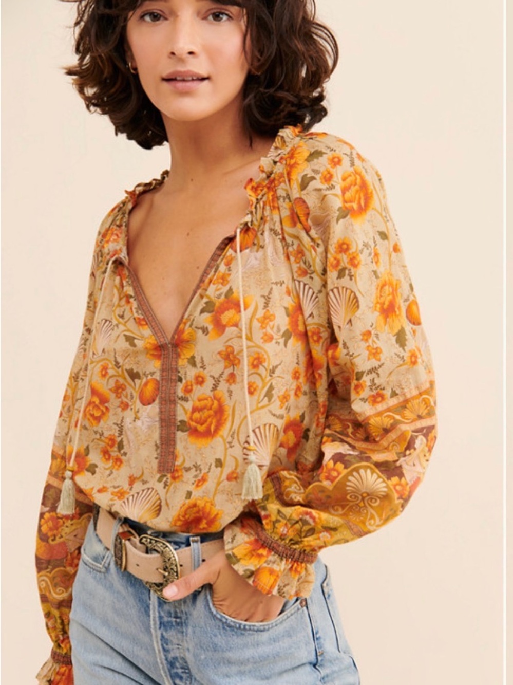 Spell Floral Peasant Blouse in Yellow and Brown